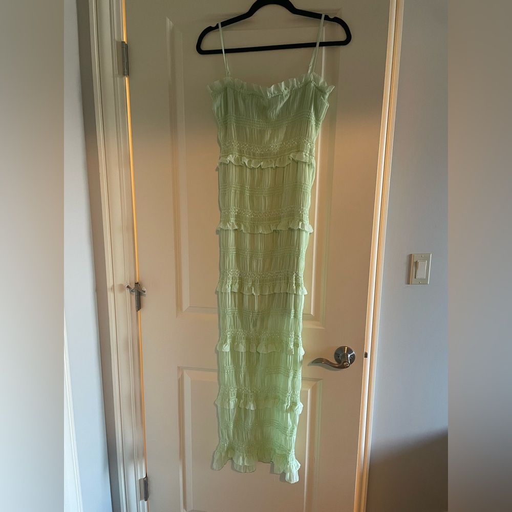 Commense Aegean Ruffle Zippered Midi Dress in Light Green